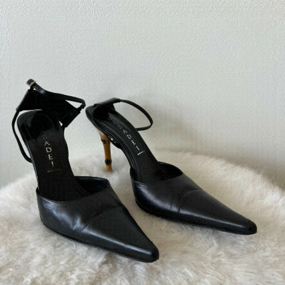 Casadei | Black Pointed Toe Leather Shoes with Bamboo Stiletto Heel